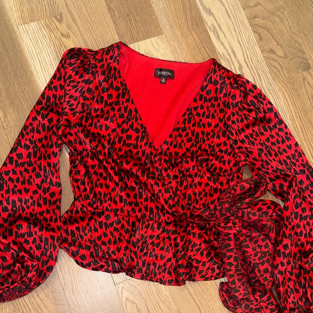 Meraki Red Animal Print Wrap Blouse